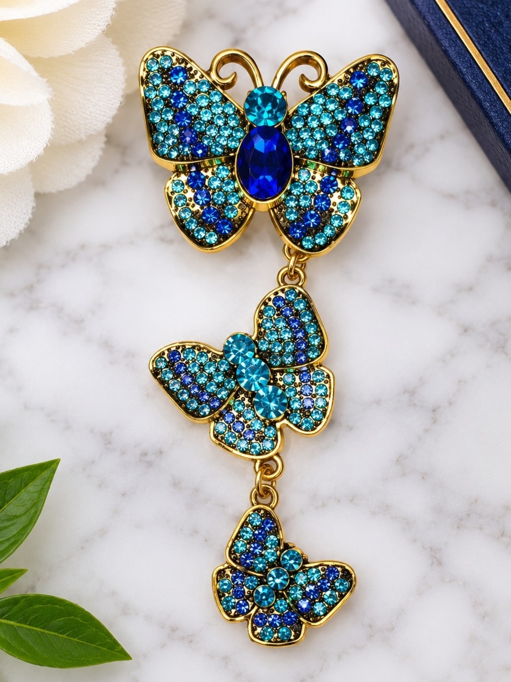 Cascading Blue Butterfly Rhinestone Brooch 🦋✨